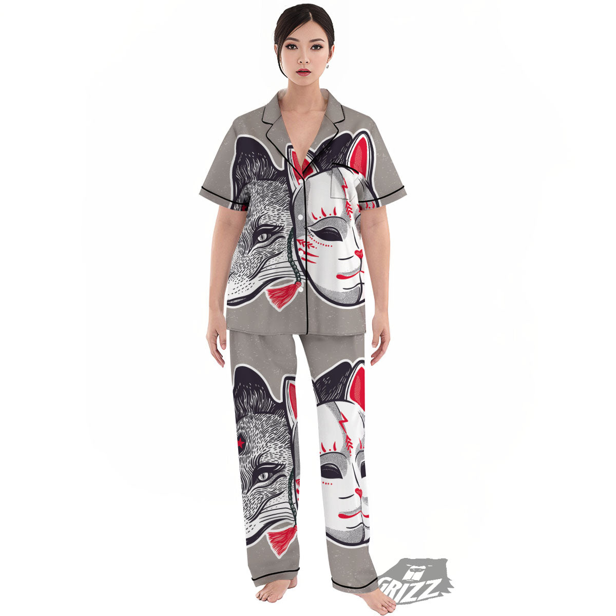 Mask Japanese Fox Print Women's Pajamas Set-grizzshop