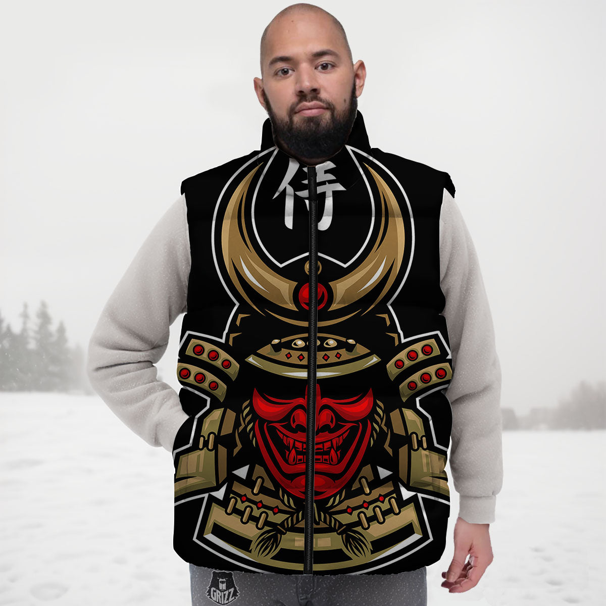 Mask Japanese Samurai Print Down Vest