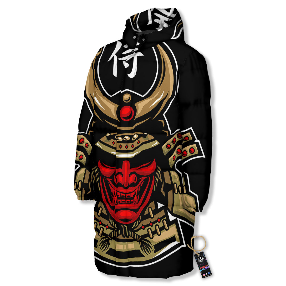 Mask Japanese Samurai Print Long Down Jacket-grizzshop