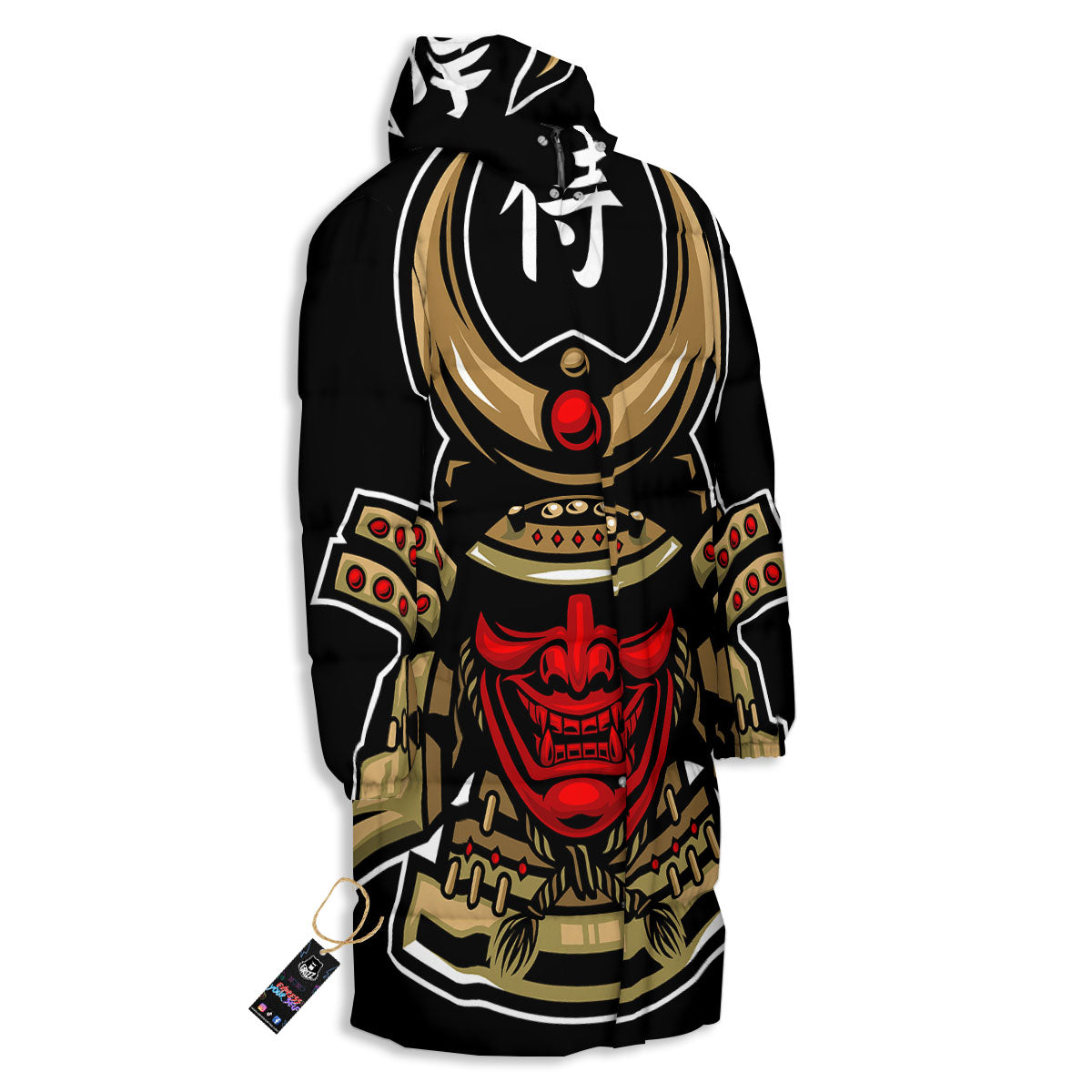 Mask Japanese Samurai Print Long Down Jacket-grizzshop