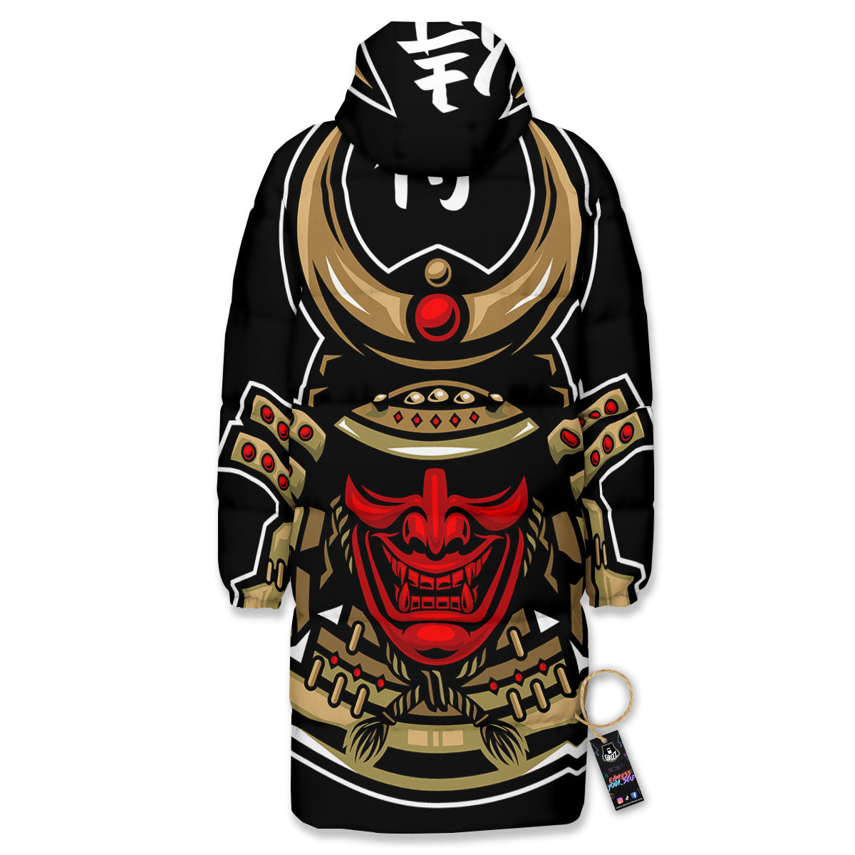 Mask Japanese Samurai Print Long Down Jacket-grizzshop