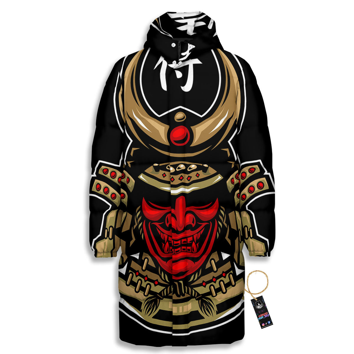 Mask Japanese Samurai Print Long Down Jacket-grizzshop