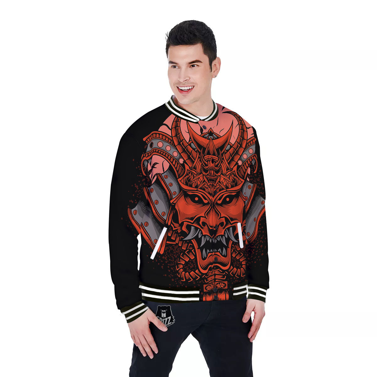Mask Red Samurai Print Baseball Jacket-grizzshop