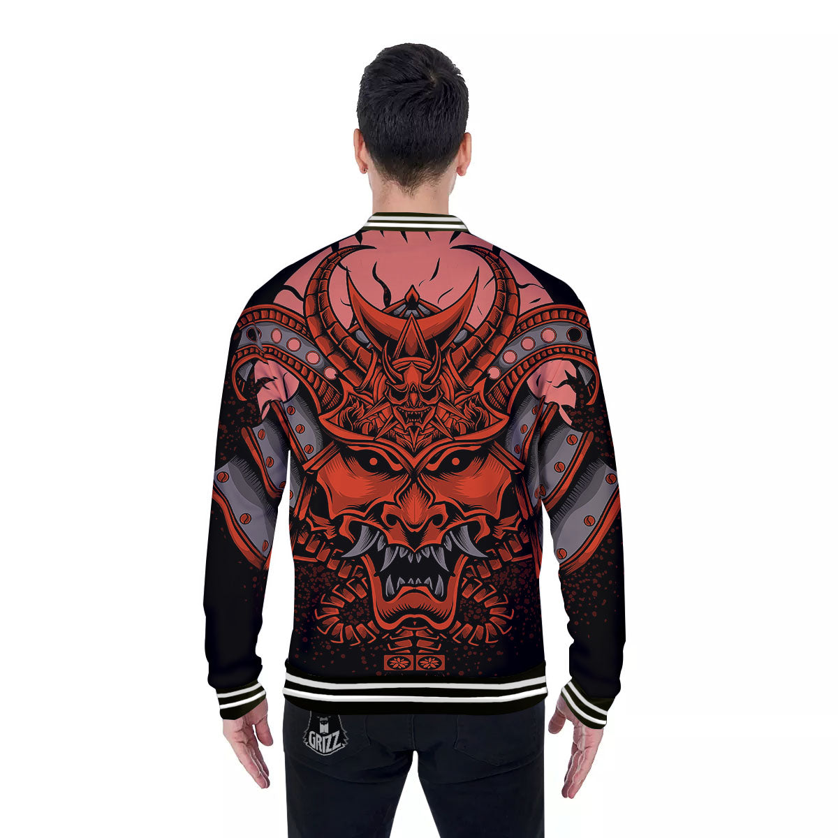 Mask Red Samurai Print Baseball Jacket-grizzshop