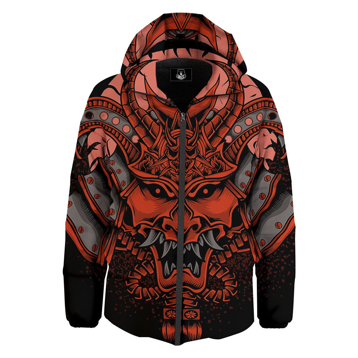 Mask Red Samurai Print Down Jacket-grizzshop