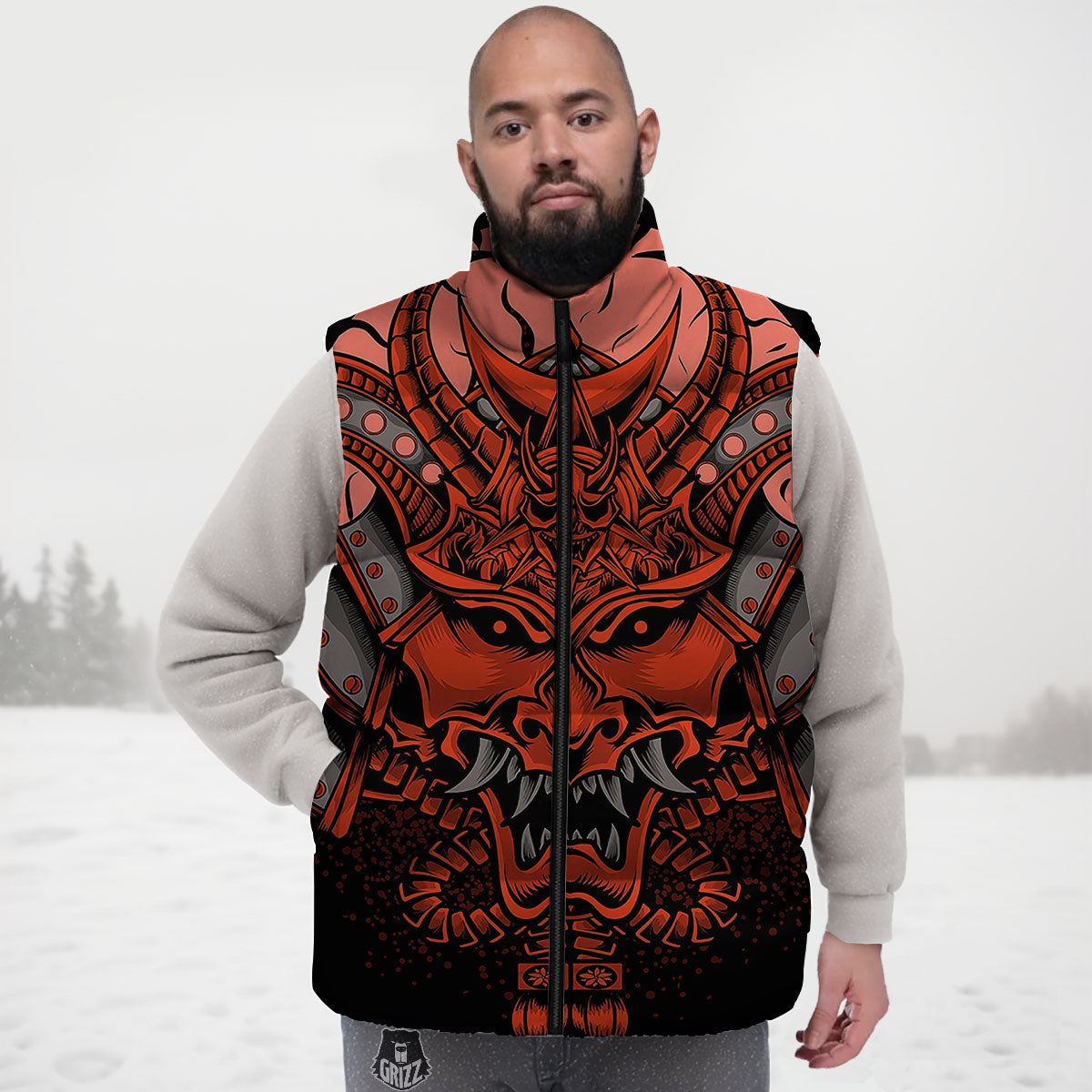 Mask Red Samurai Print Down Vest