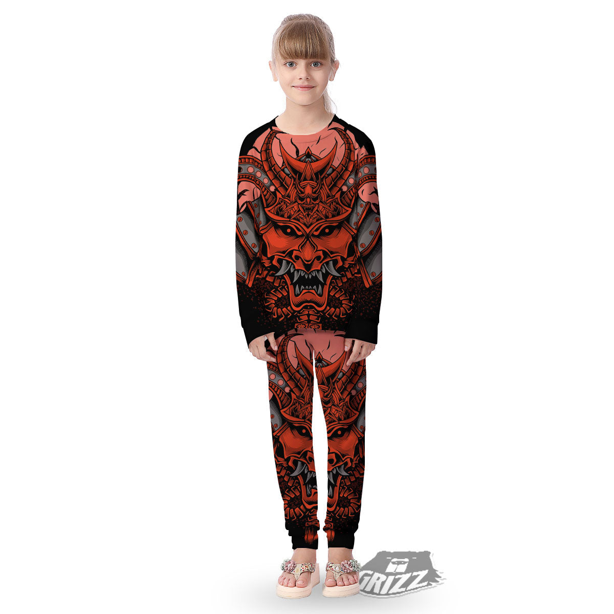 Mask Red Samurai Print Kid's Pajamas-grizzshop