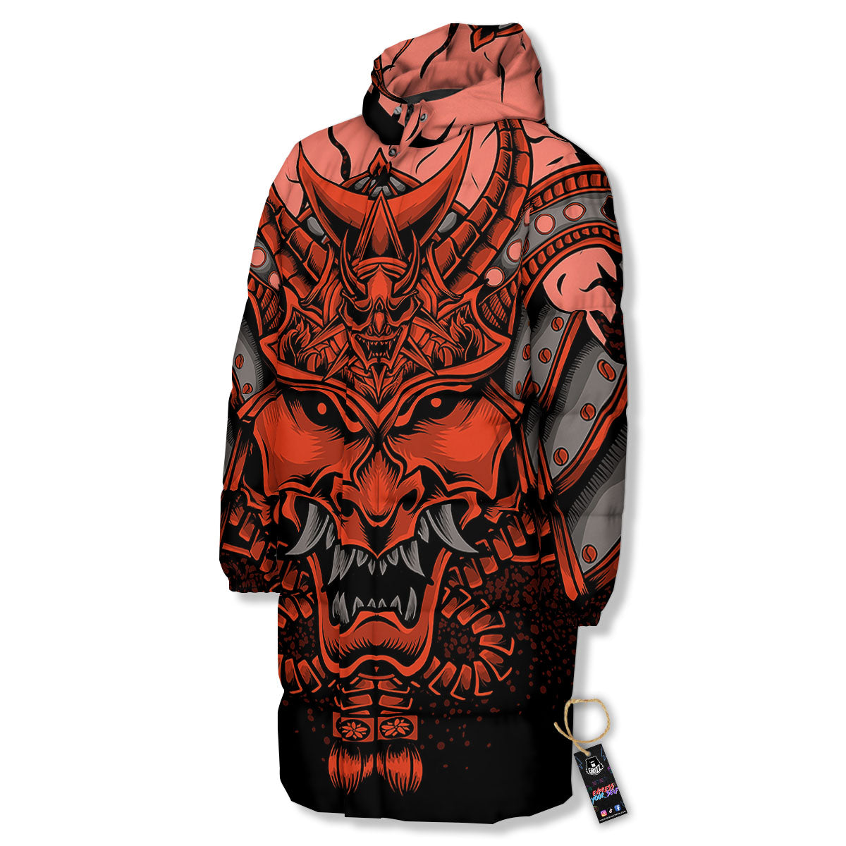 Mask Red Samurai Print Long Down Jacket-grizzshop