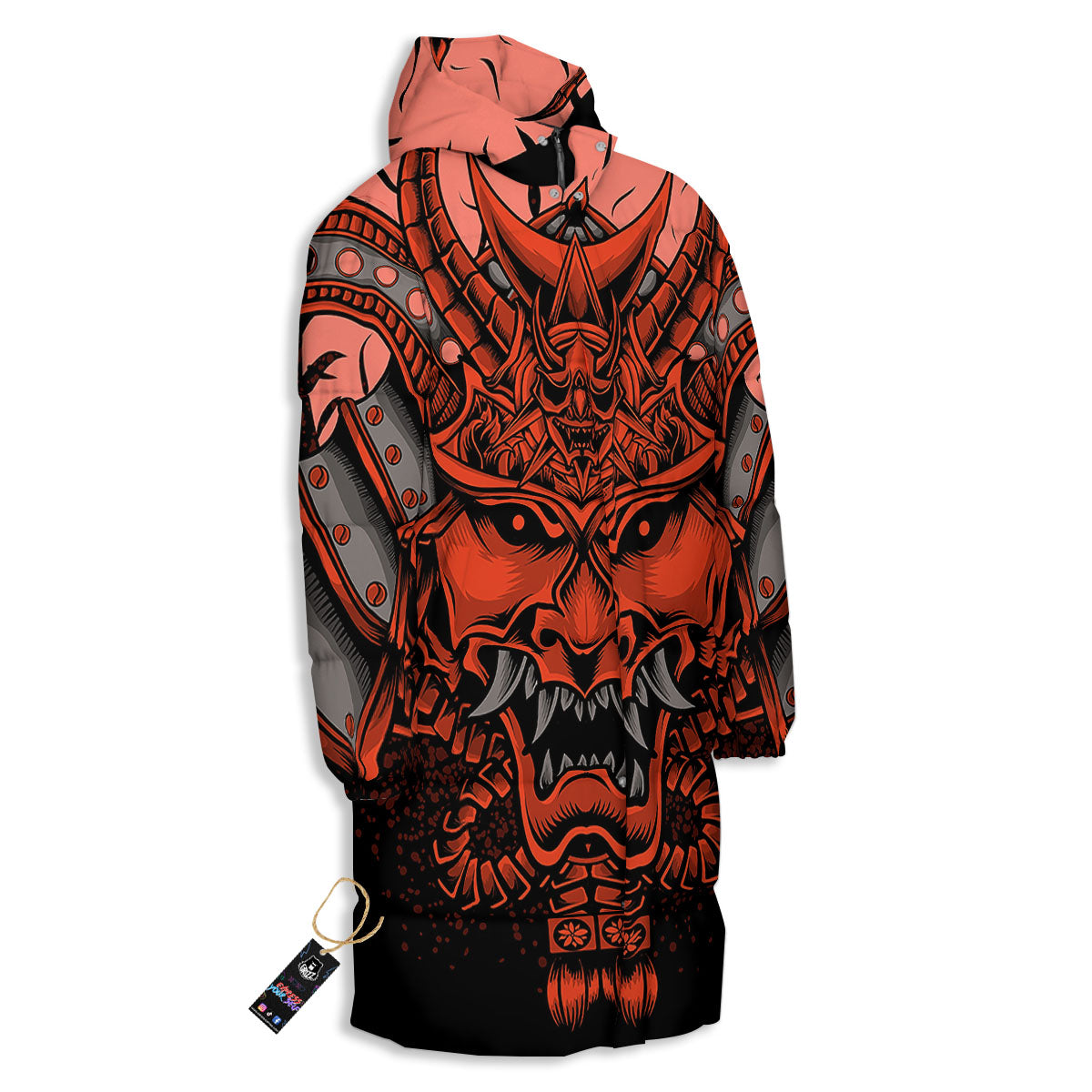 Mask Red Samurai Print Long Down Jacket-grizzshop