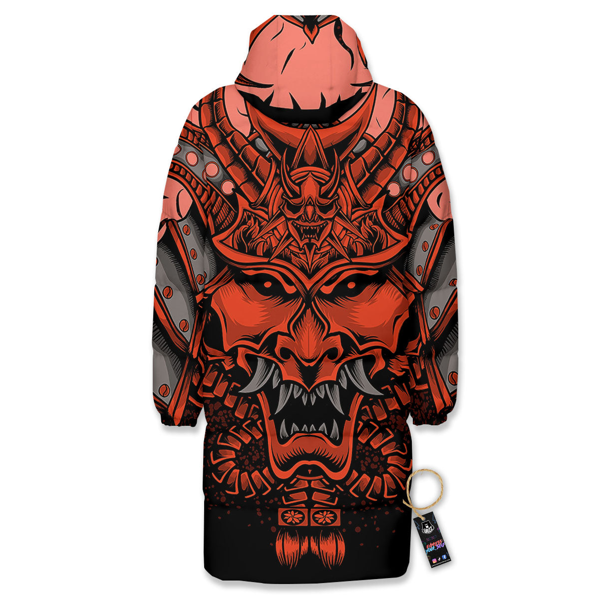 Mask Red Samurai Print Long Down Jacket-grizzshop