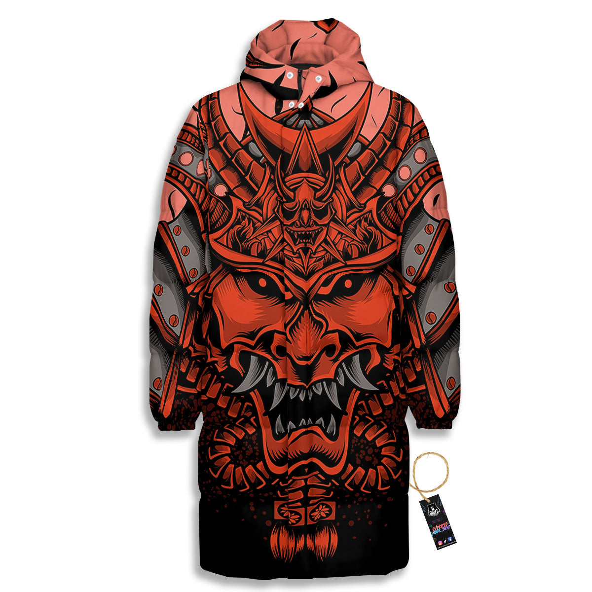 Mask Red Samurai Print Long Down Jacket-grizzshop