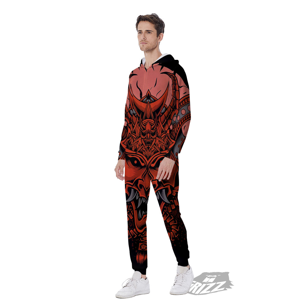 Mask Red Samurai Print Men's Jumpsuit-grizzshop