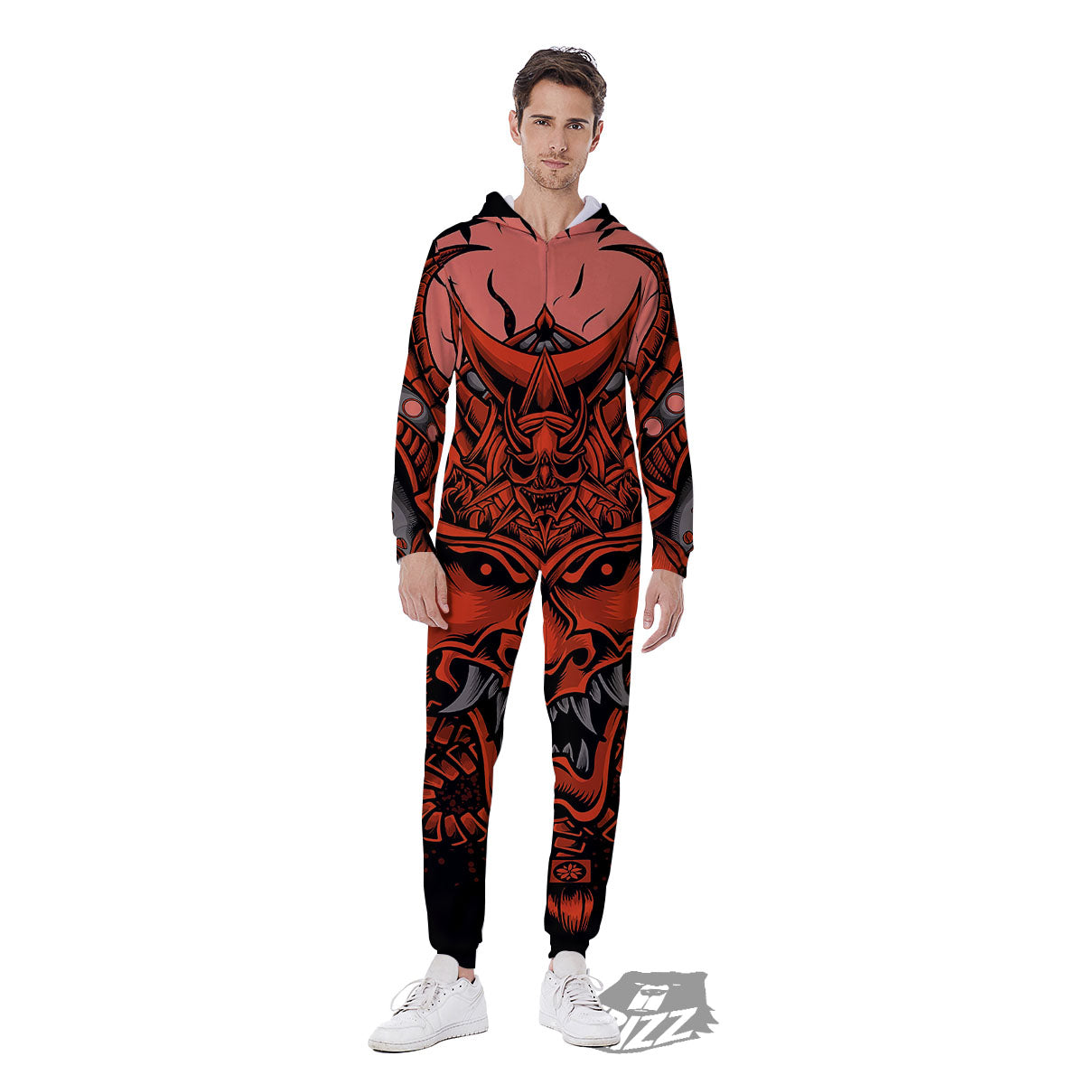 Mask Red Samurai Print Men's Jumpsuit-grizzshop
