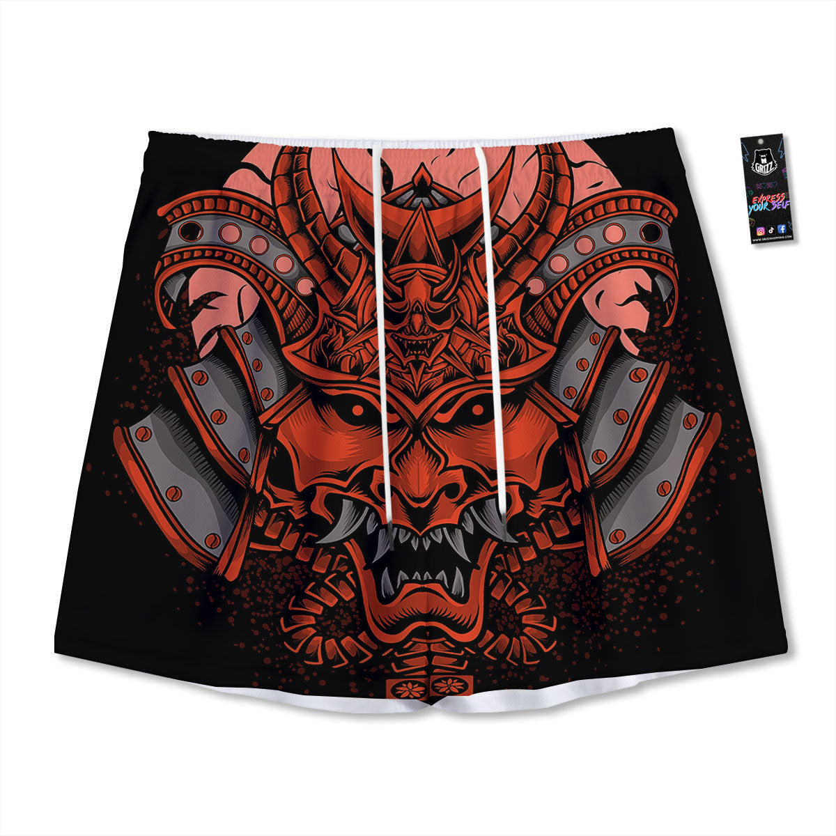 Mask Red Samurai Print Mesh Shorts