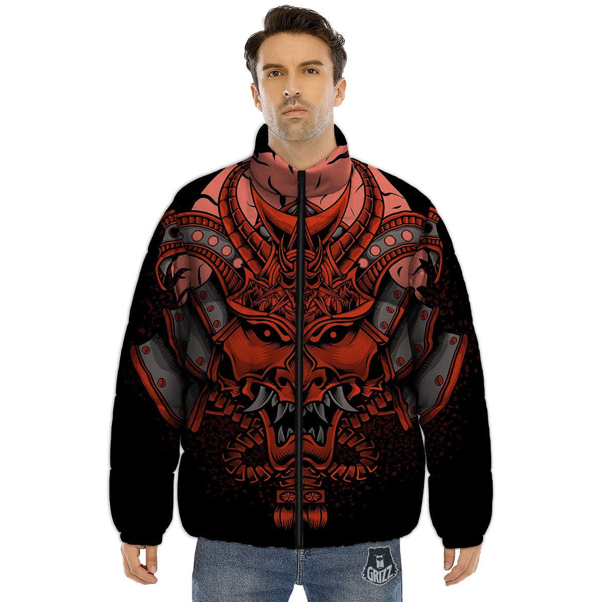 Mask Red Samurai Print Puffer Jacket-grizzshop