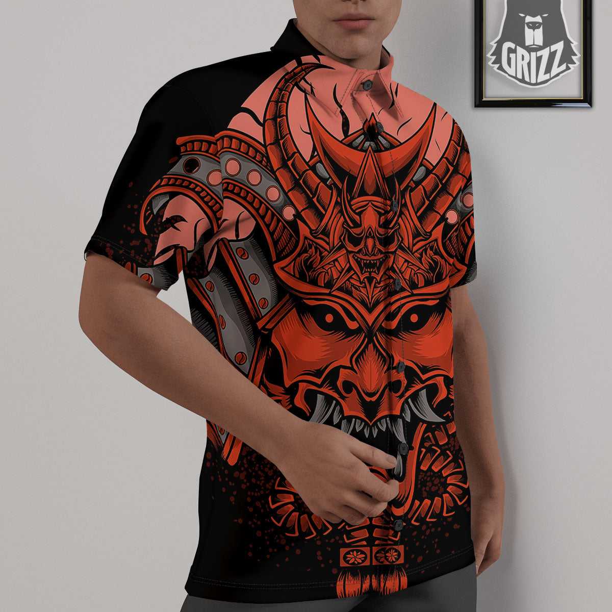 Mask Red Samurai Print Untucked Shirts-grizzshop