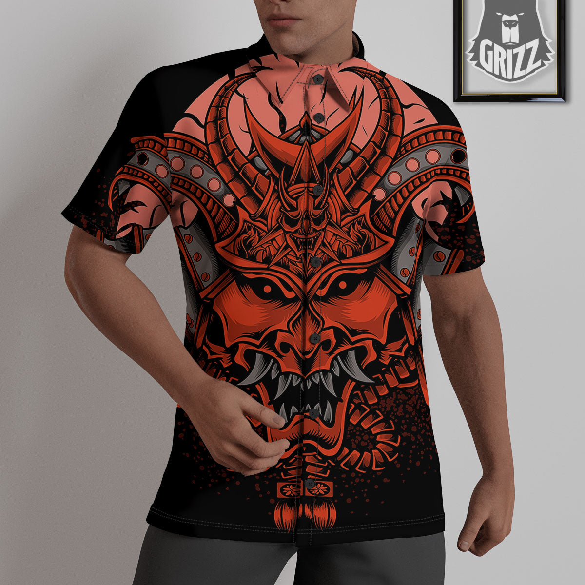 Mask Red Samurai Print Untucked Shirts-grizzshop