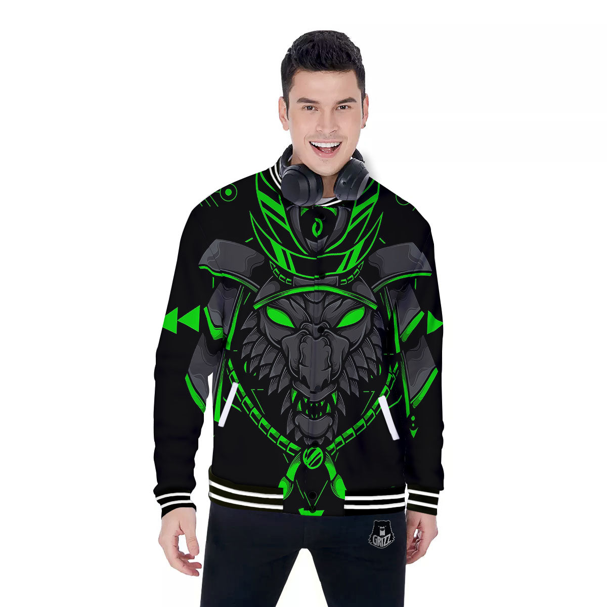 Mask Robot Samurai Print Baseball Jacket-grizzshop