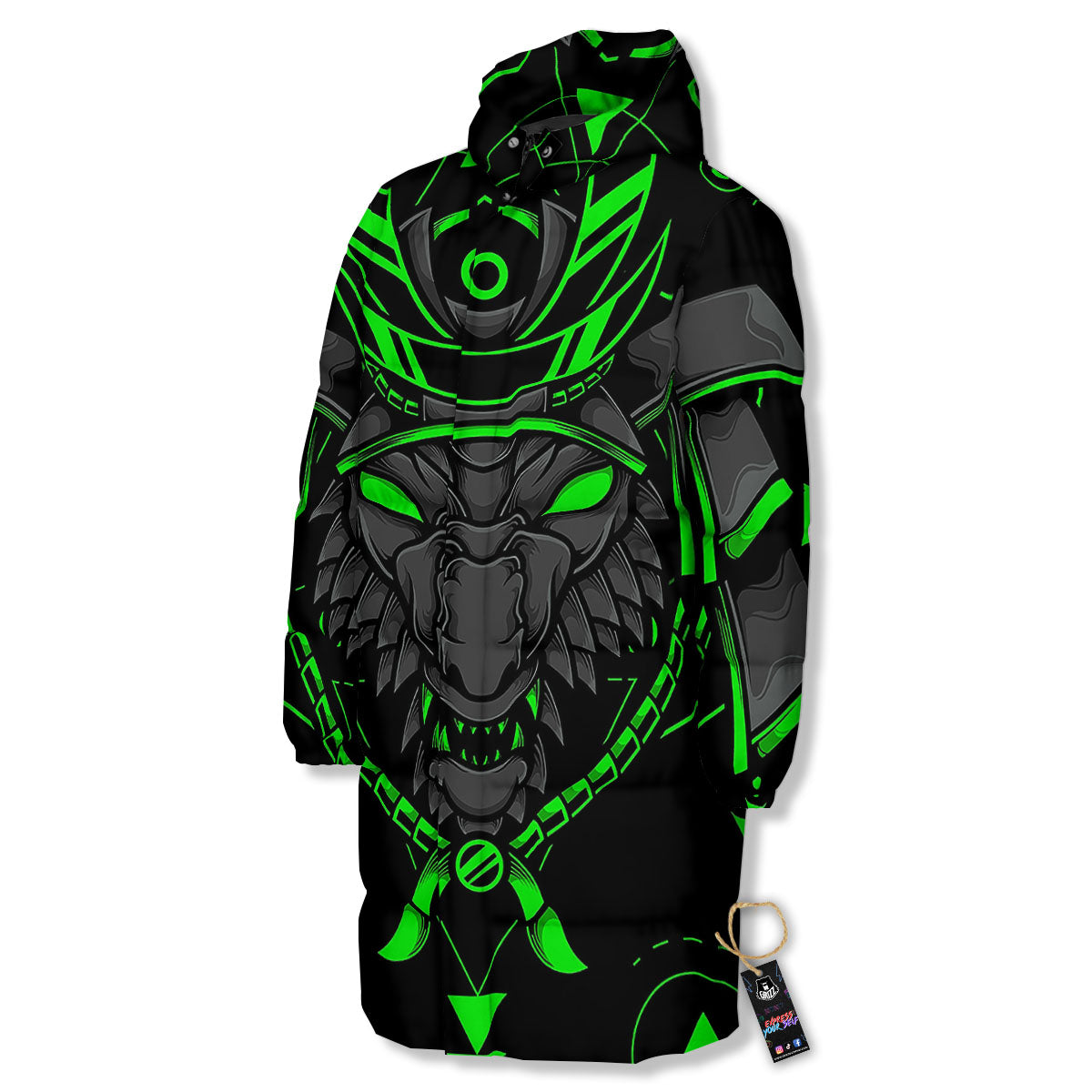 Mask Robot Samurai Print Long Down Jacket-grizzshop