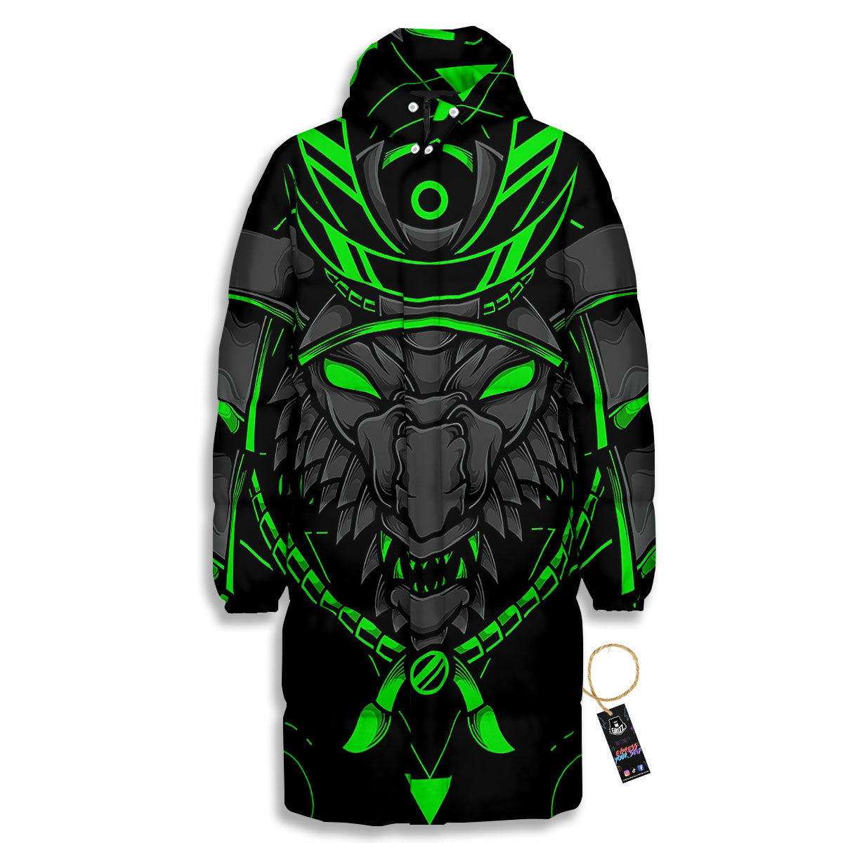 Mask Robot Samurai Print Long Down Jacket-grizzshop