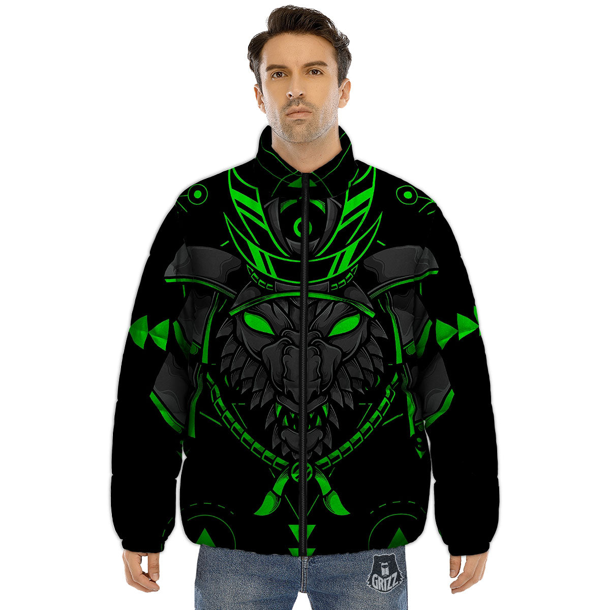 Mask Robot Samurai Print Puffer Jacket-grizzshop