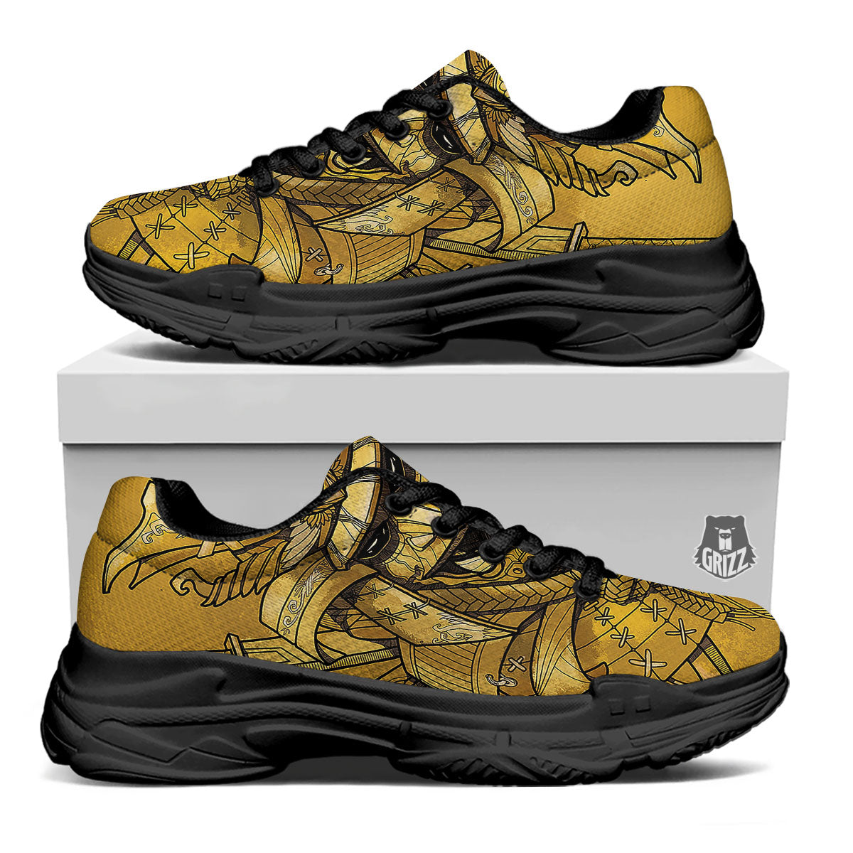 Mask Samurai Gold Print Black Chunky Shoes-grizzshop