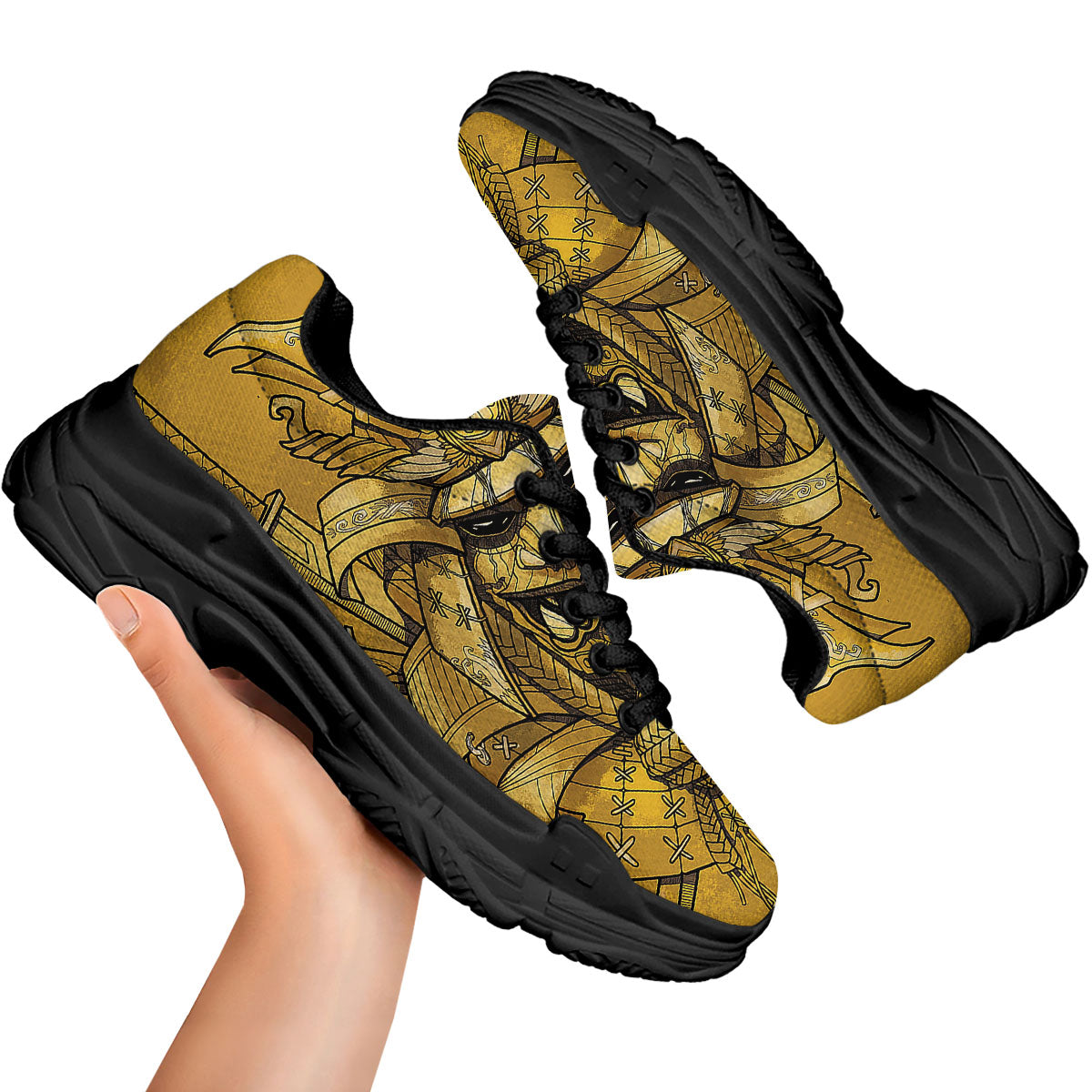 Mask Samurai Gold Print Black Chunky Shoes-grizzshop