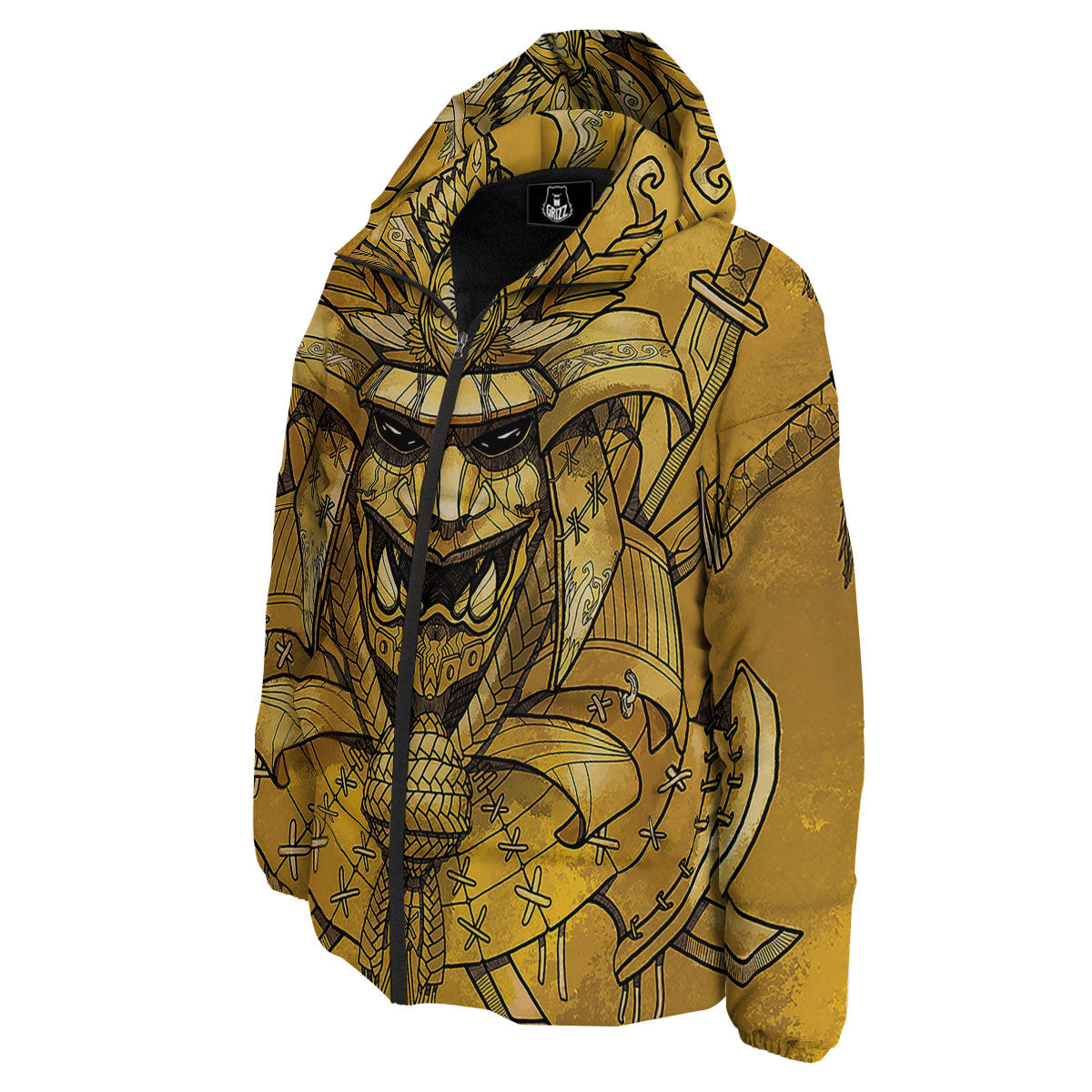 Mask Samurai Gold Print Down Jacket-grizzshop
