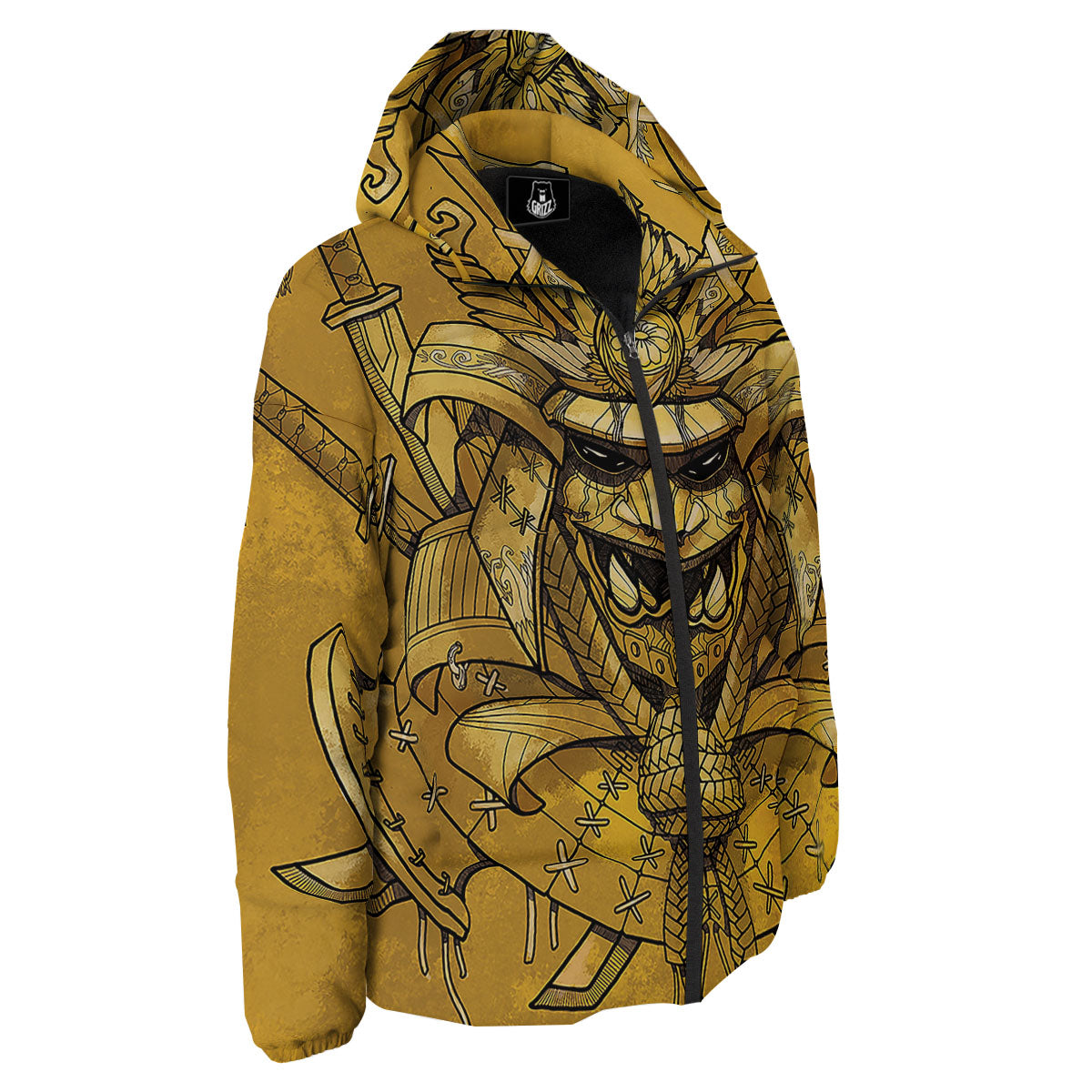 Mask Samurai Gold Print Down Jacket-grizzshop