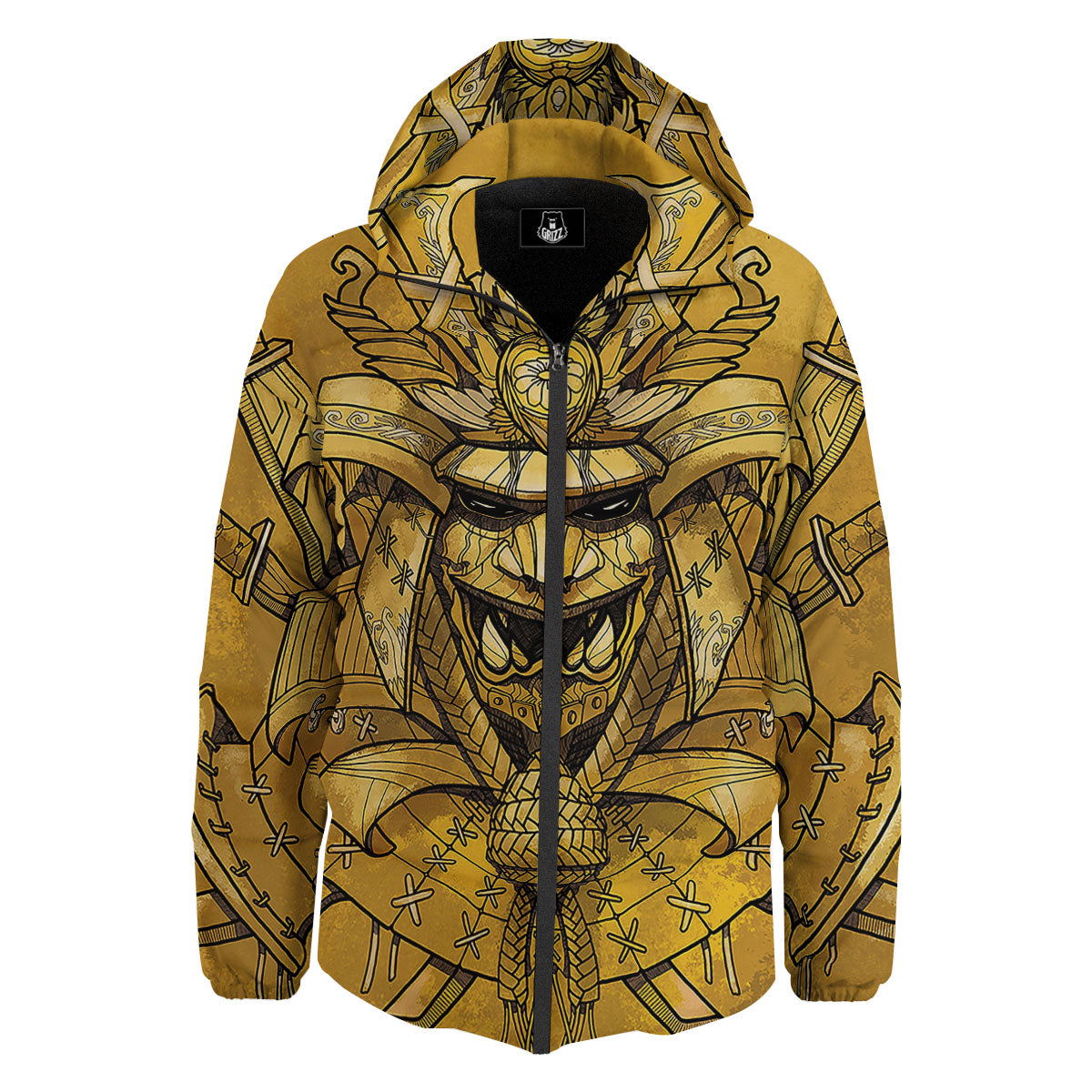 Mask Samurai Gold Print Down Jacket-grizzshop