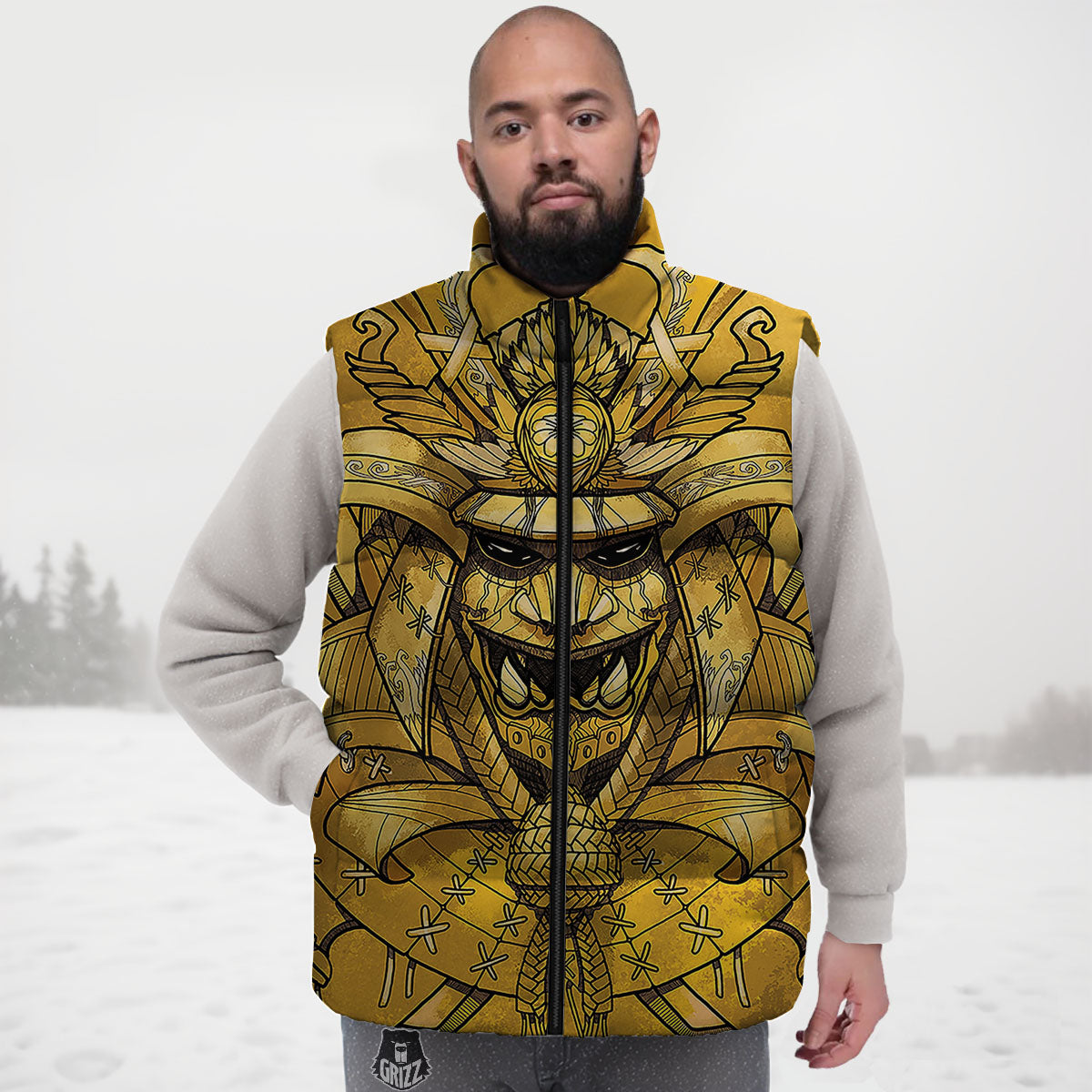 Mask Samurai Gold Print Down Vest