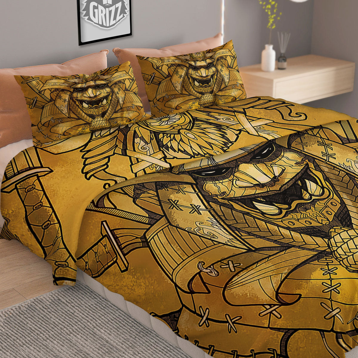 Mask Samurai Gold Print Duvet Cover Bedding Set