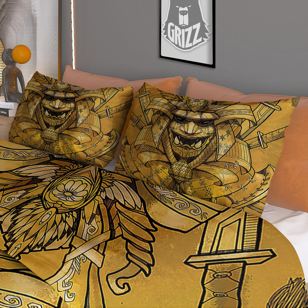 Mask Samurai Gold Print Duvet Cover Bedding Set