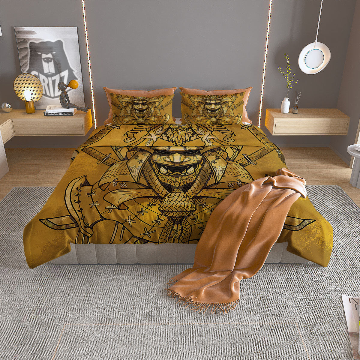 Mask Samurai Gold Print Duvet Cover Bedding Set