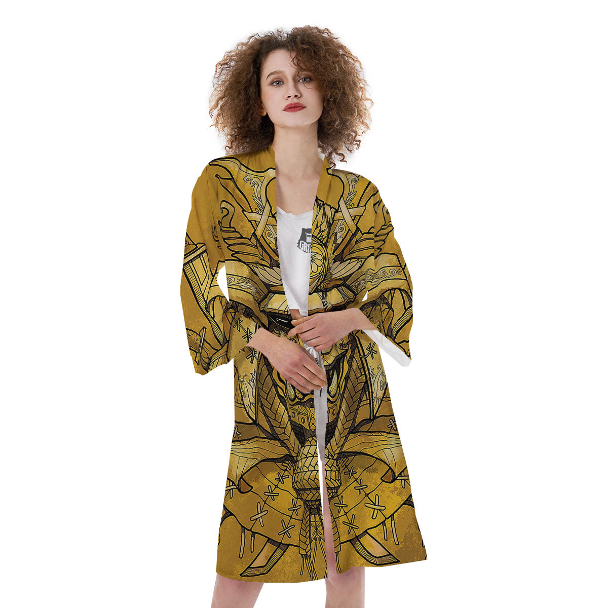 Mask Samurai Gold Print Kimono-grizzshop