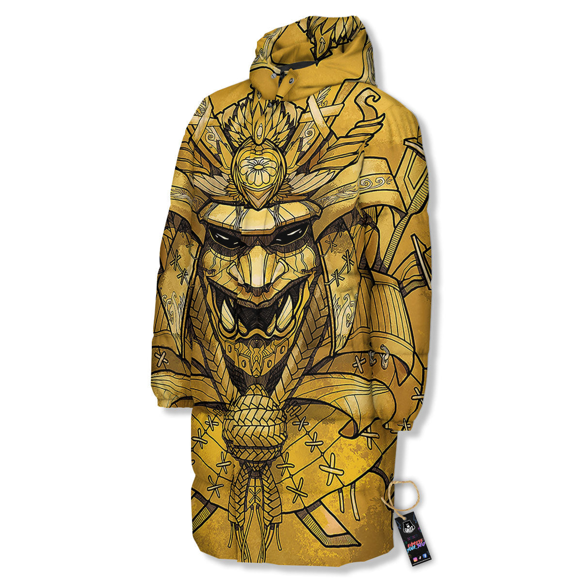 Mask Samurai Gold Print Long Down Jacket-grizzshop