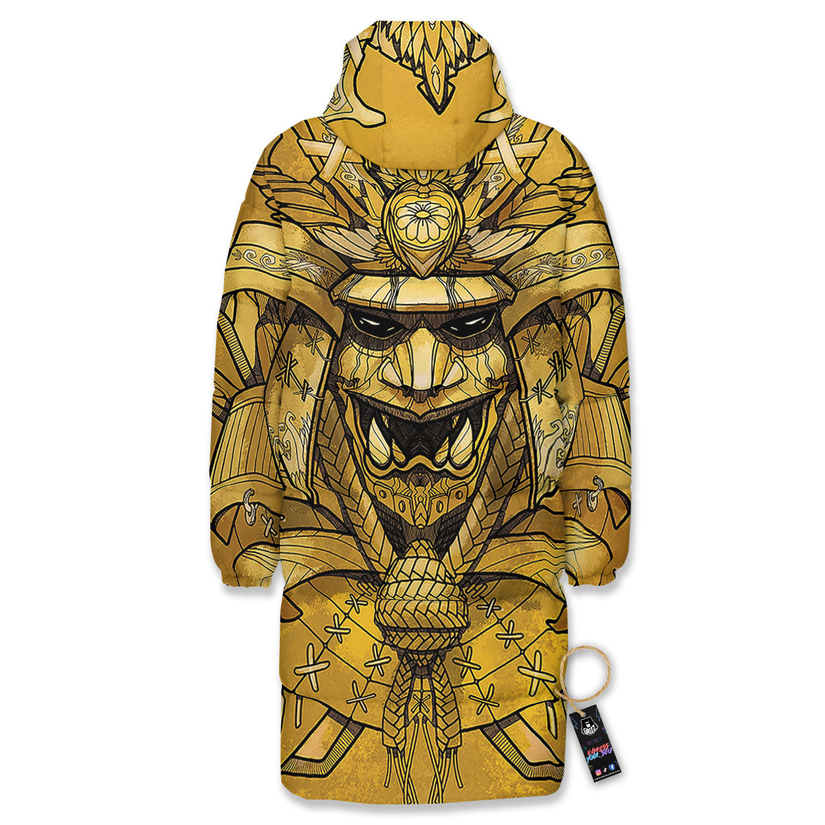 Mask Samurai Gold Print Long Down Jacket-grizzshop