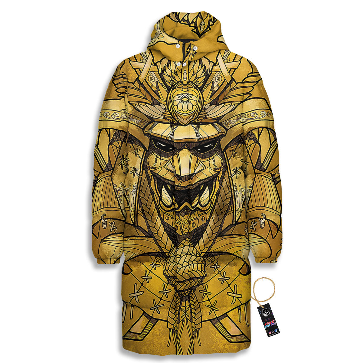Mask Samurai Gold Print Long Down Jacket-grizzshop