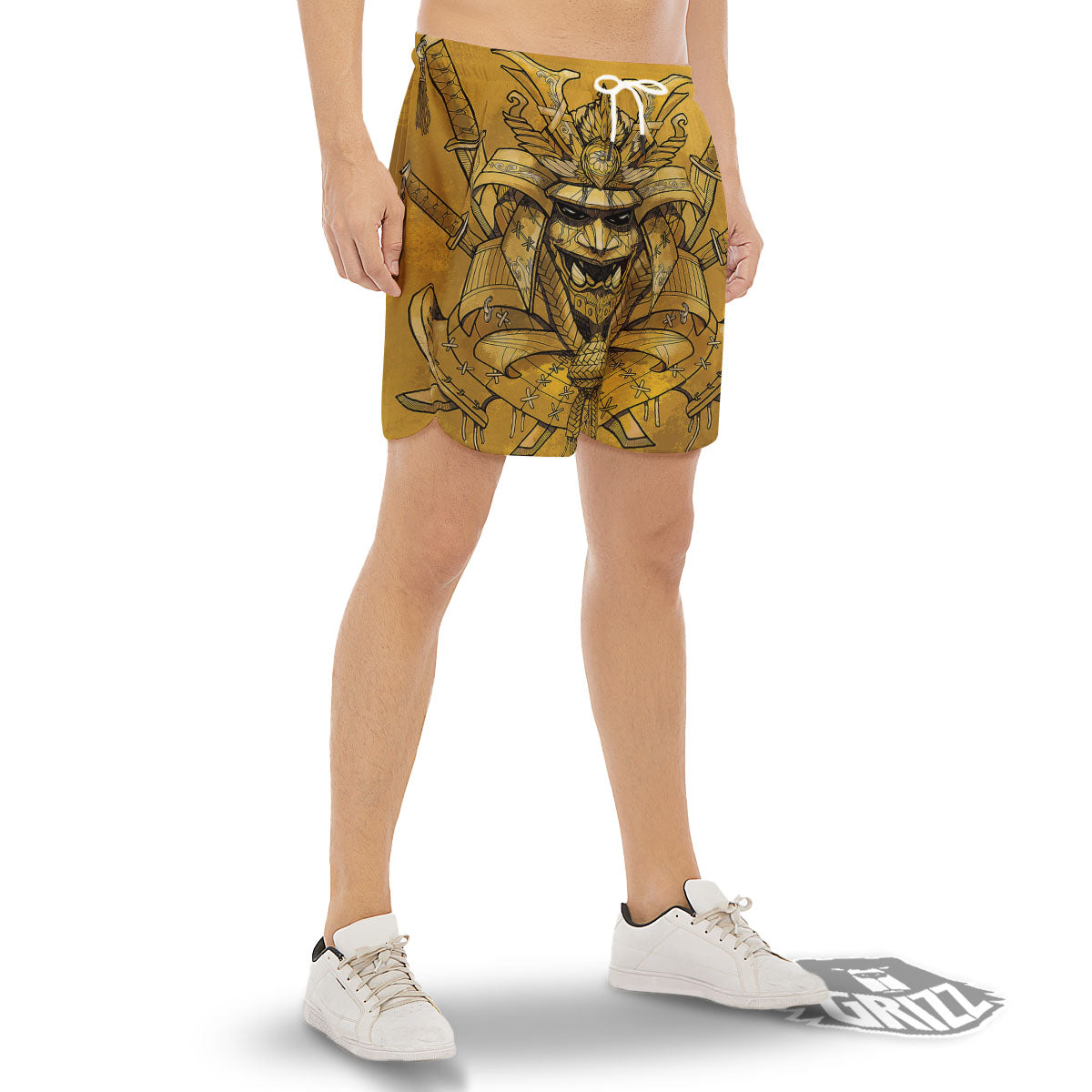 Mask Samurai Gold Print Men's Gym Shorts-grizzshop