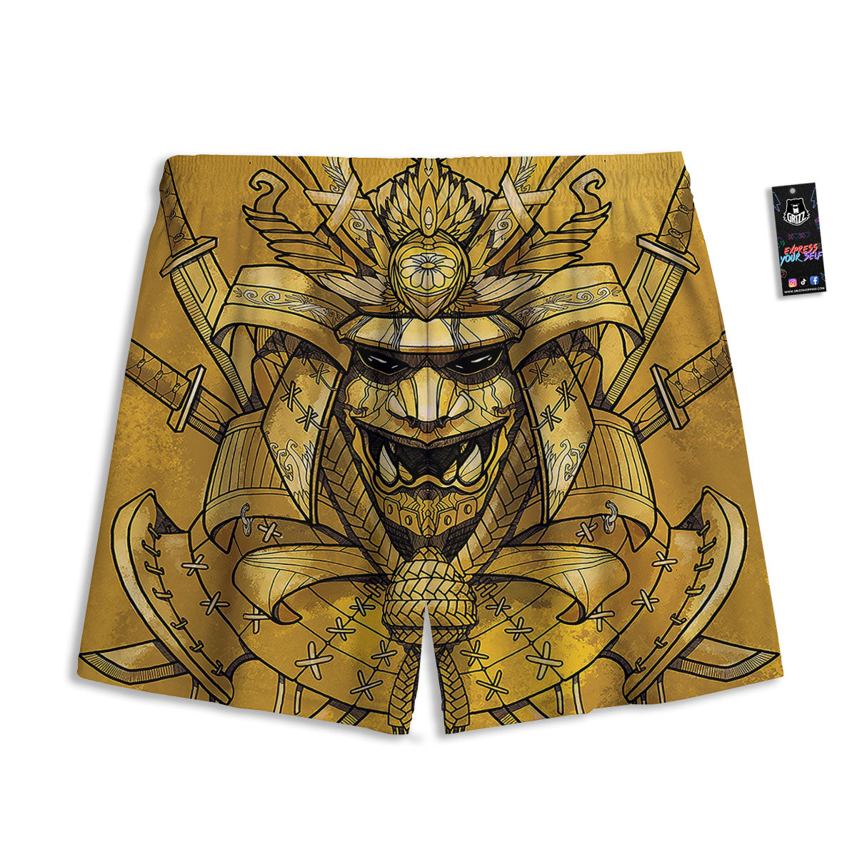 Mask Samurai Gold Print Mesh Shorts