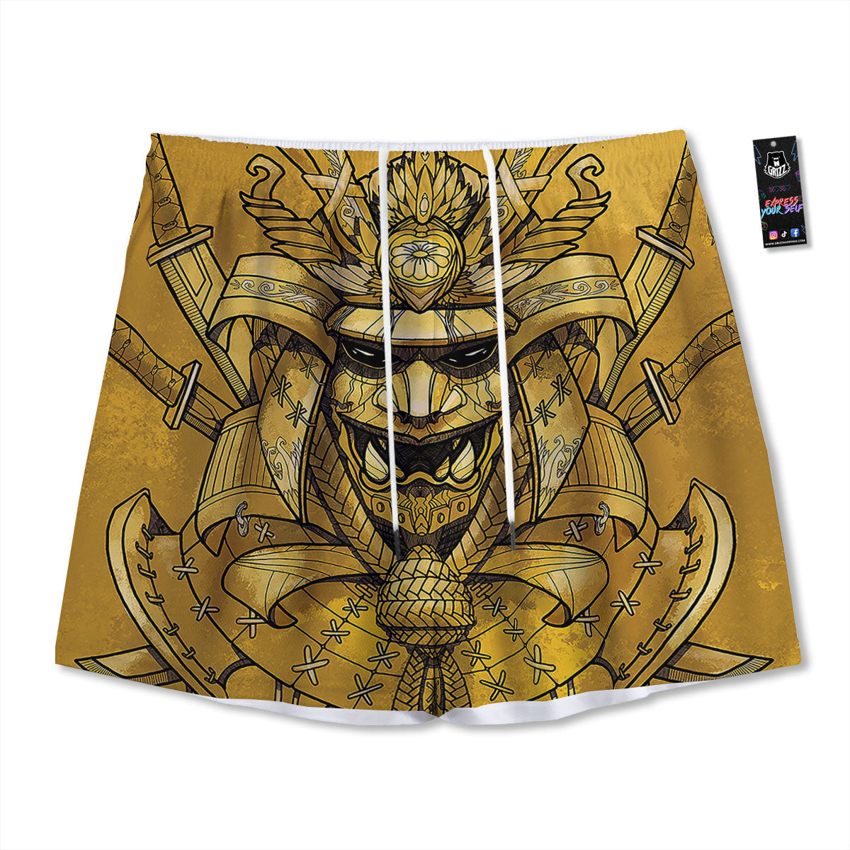 Mask Samurai Gold Print Mesh Shorts
