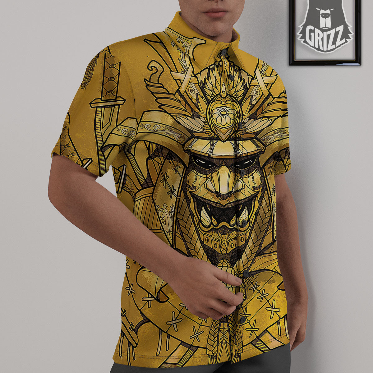 Mask Samurai Gold Print Untucked Shirts-grizzshop
