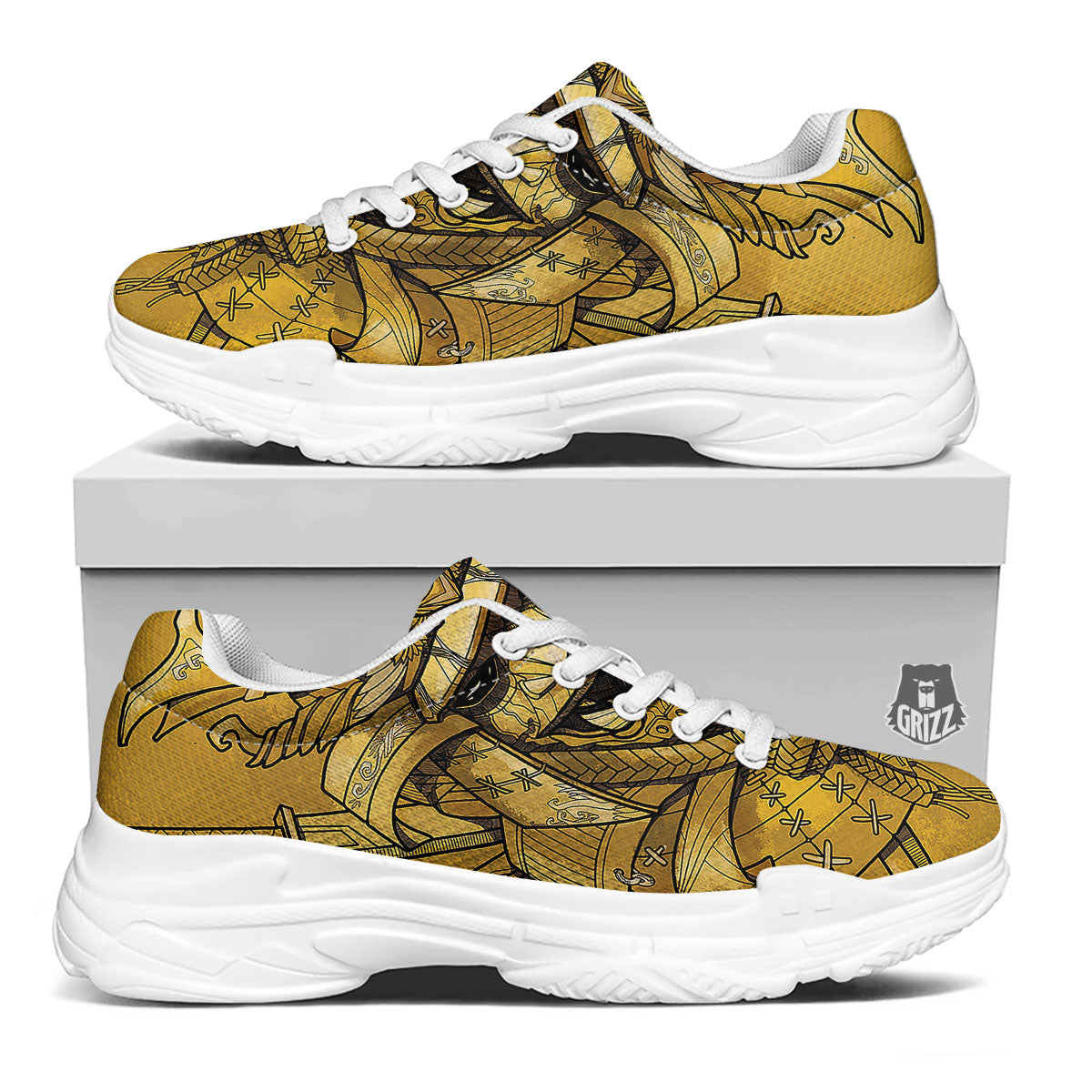 Mask Samurai Gold Print White Chunky Shoes-grizzshop