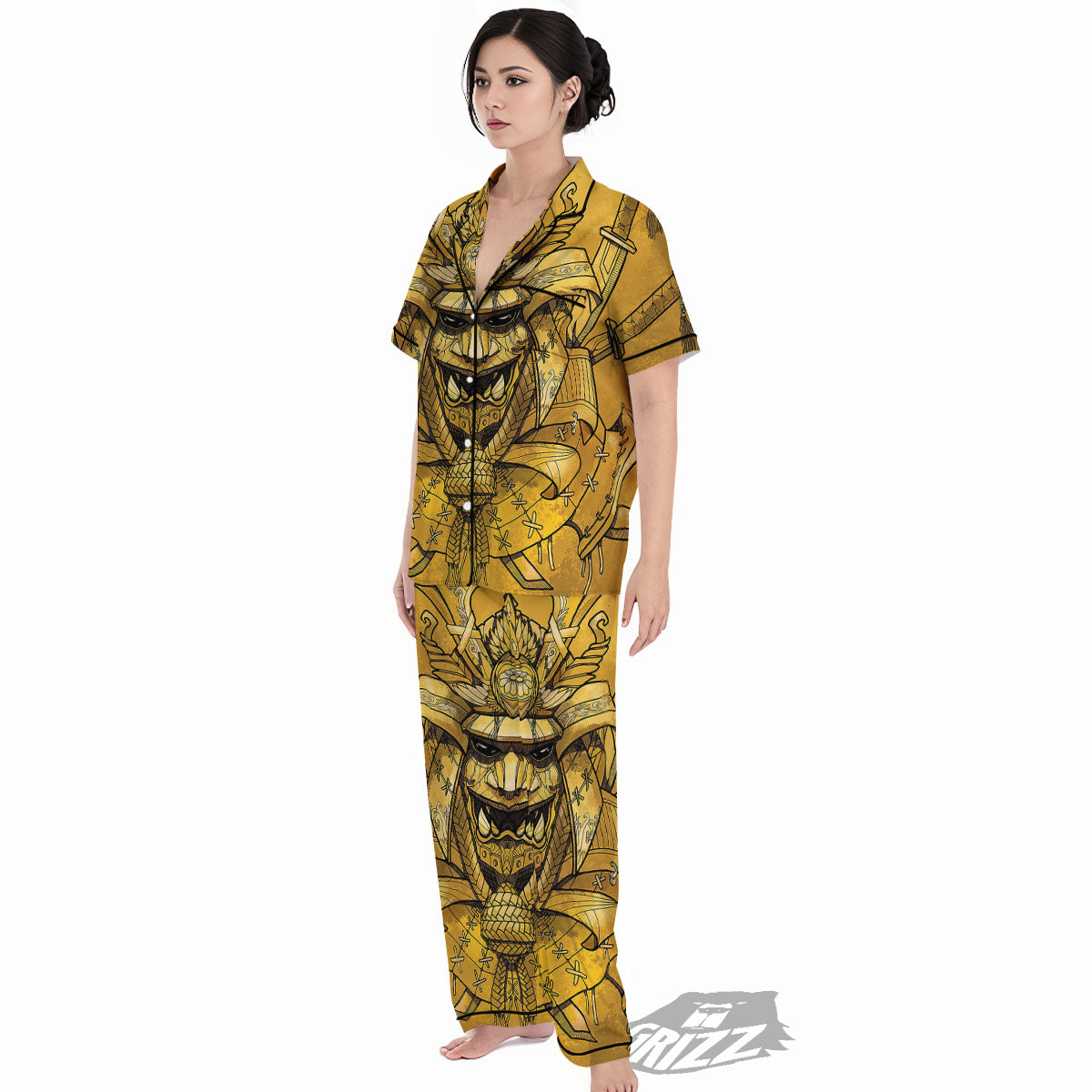 Mask Samurai Gold Print Women's Pajamas Set-grizzshop