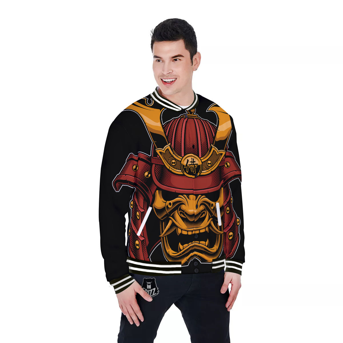 Mask Samurai Warrior Print Baseball Jacket-grizzshop