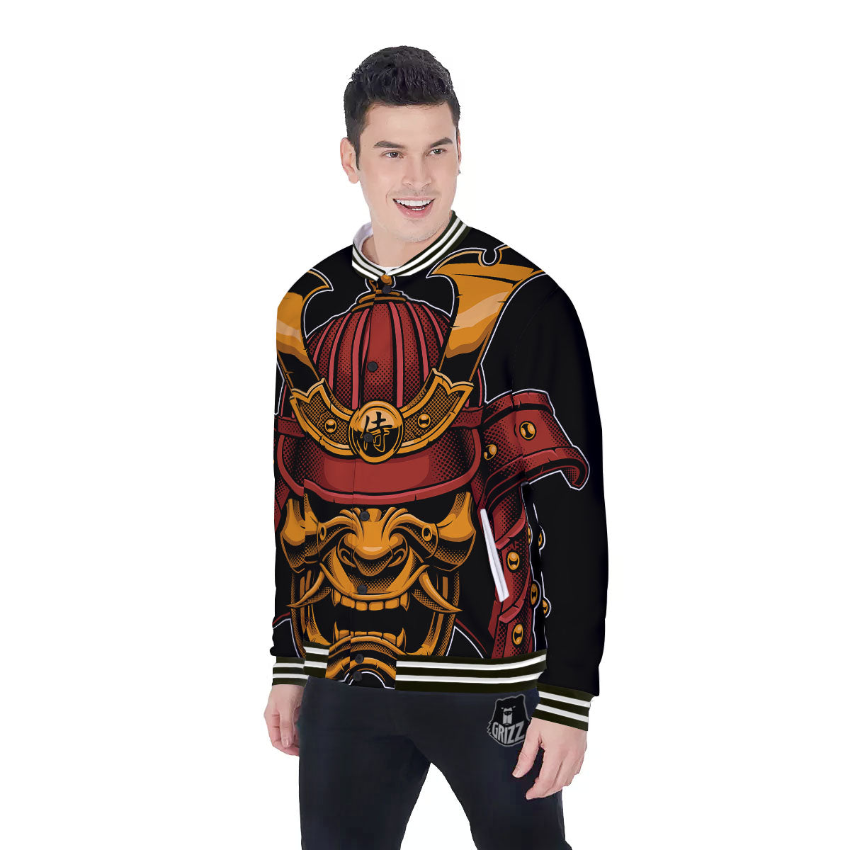 Mask Samurai Warrior Print Baseball Jacket-grizzshop