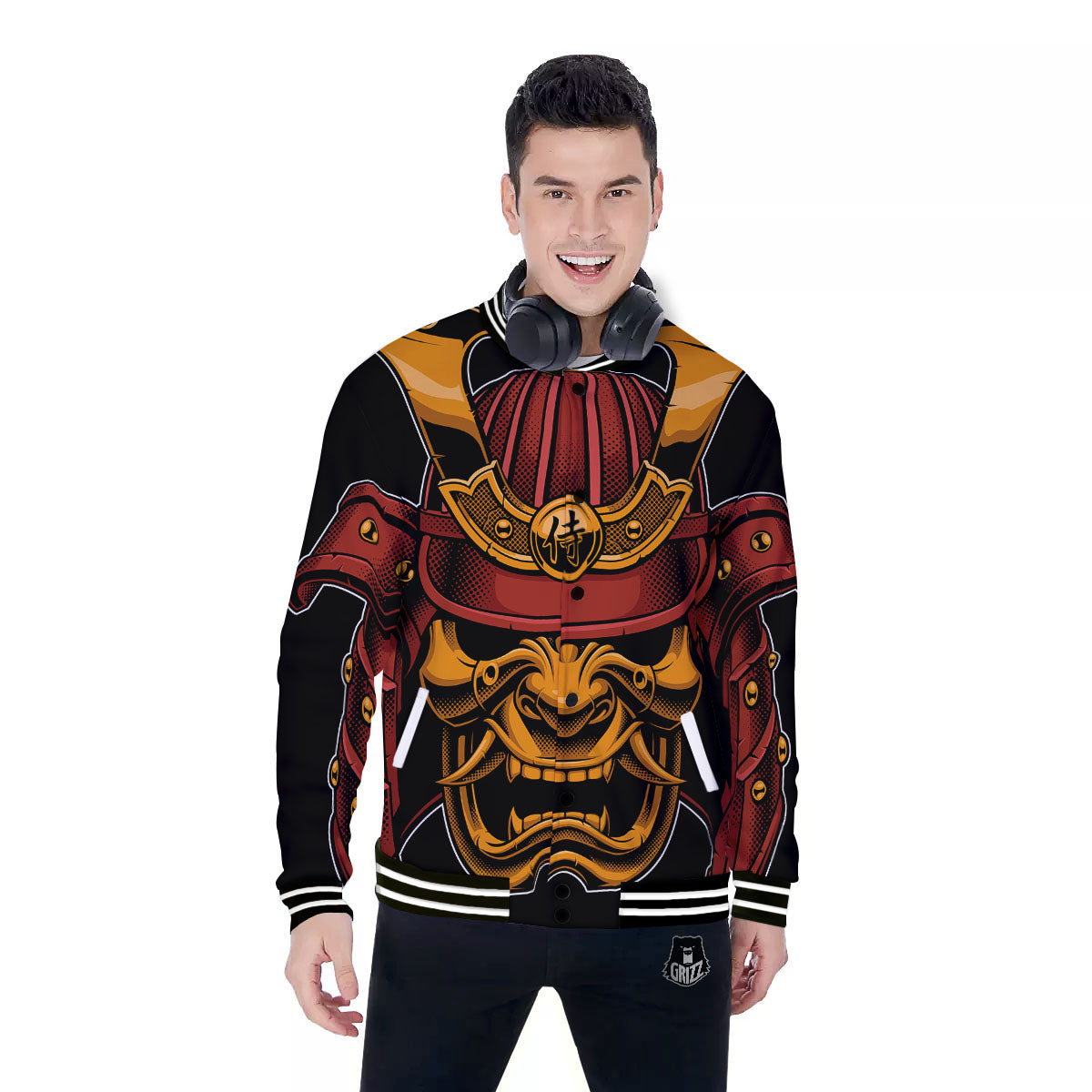 Mask Samurai Warrior Print Baseball Jacket-grizzshop