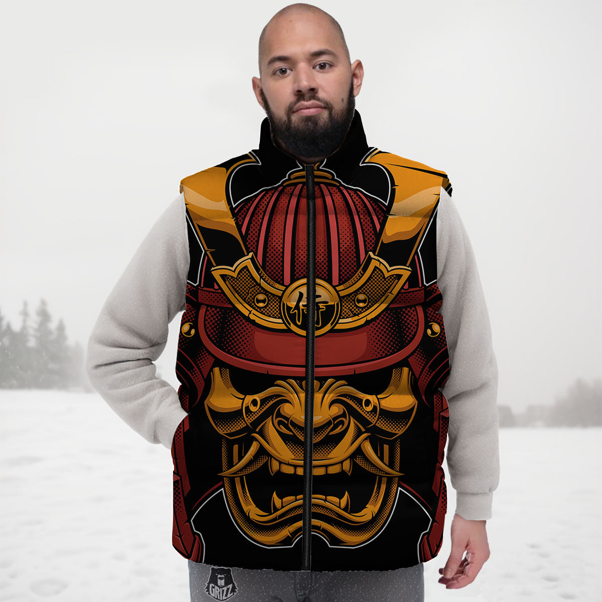 Mask Samurai Warrior Print Down Vest