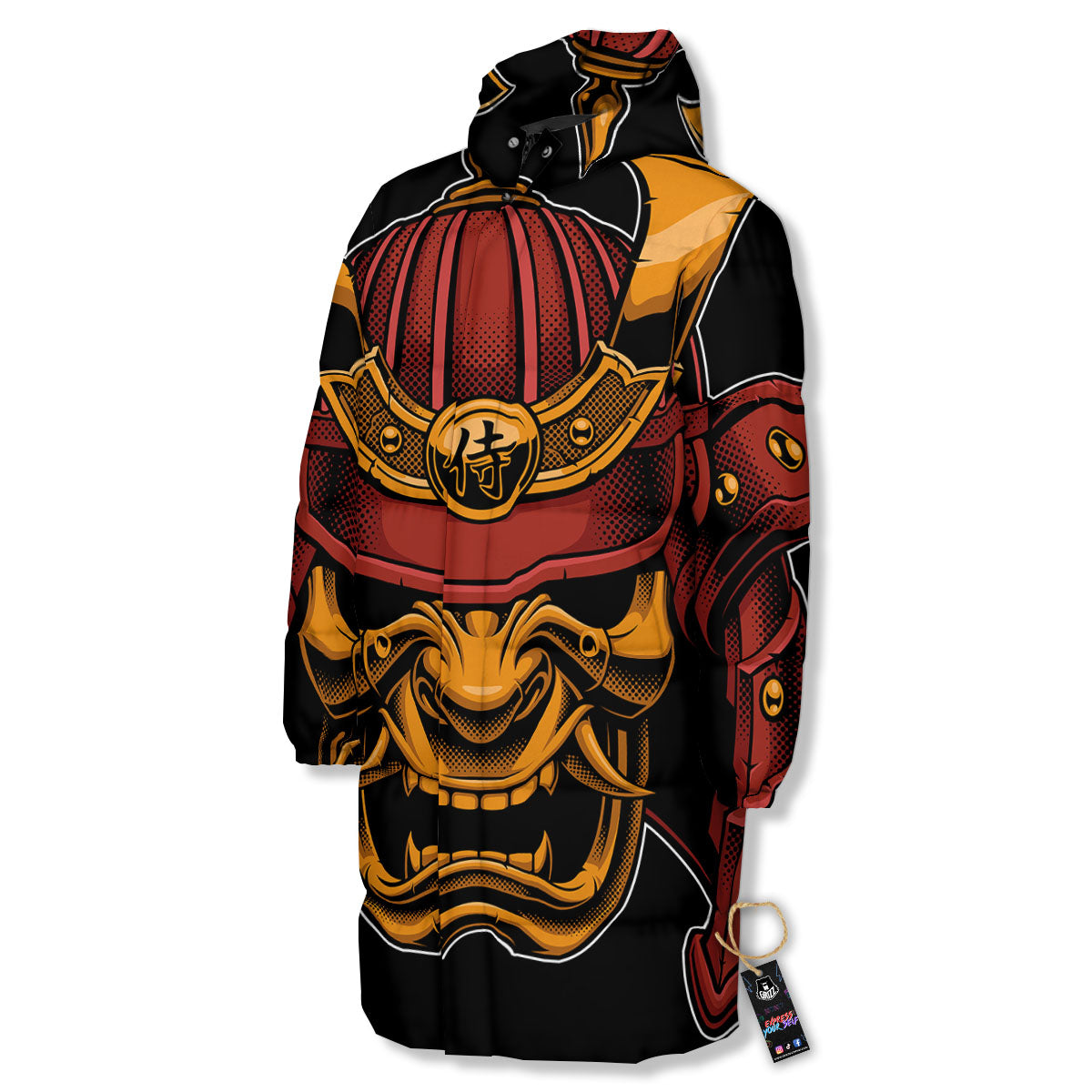 Mask Samurai Warrior Print Long Down Jacket-grizzshop