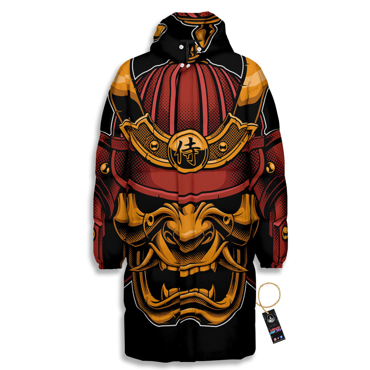 Mask Samurai Warrior Print Long Down Jacket-grizzshop
